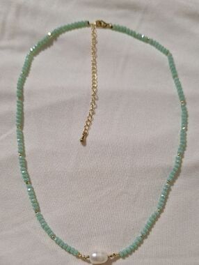Pastel Aqua Beaded Necklace with Fresh Water Pearl Accent